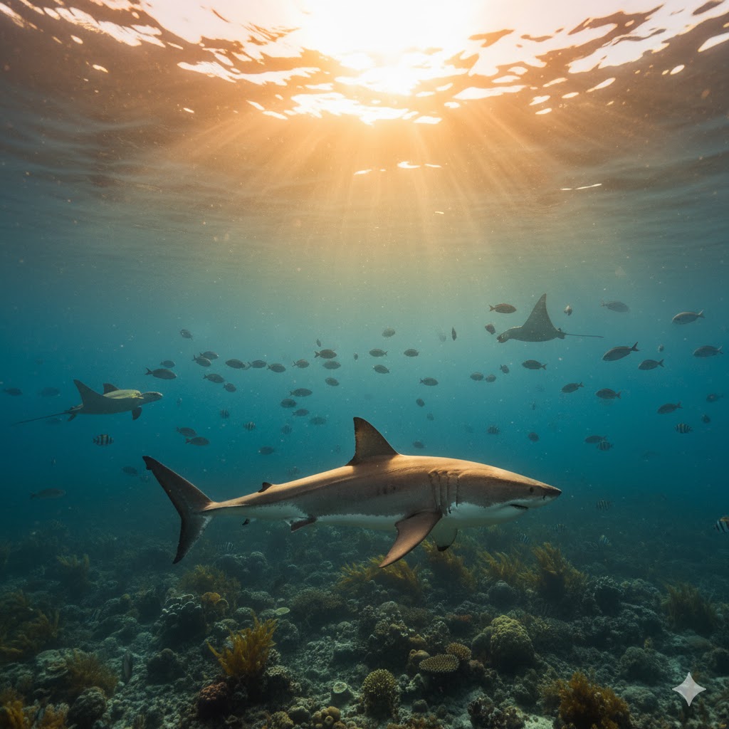 Wide angle shot of shark swimming confidently through its territory at sunset, golden hour lighting filtering through water creating warm blue-green tones
